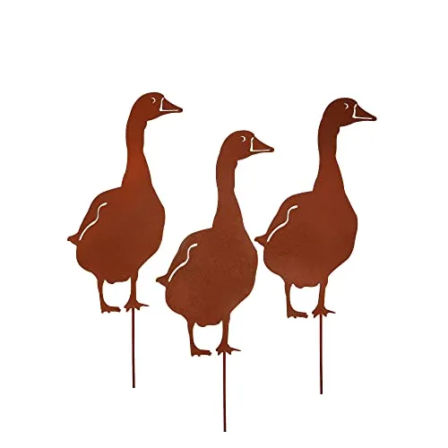 UNUS Garden Gänse Gartenstecker 3er Set - Gartenfiguren aus robustem Metall in Rostoptik, ideal für Garten, Terrasse oder Balkon. Wetterfest und eine kreative Geschenkidee für jeden Anlass.