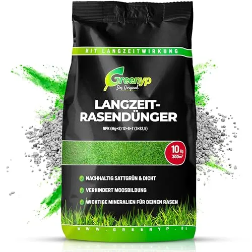 Greenyp Langzeit Rasendünger 20kg für 600m² – Effektive NPK-Düngung für dichten Rasen - Der Greenyp Langzeit Rasendünger sorgt für sattgrünen Rasen mit 3 Monaten Langzeitwirkung. Ideal für Frühjahr bis Spätsommer, verhindert Moosbildung und ist für alle Rasenarten geeignet.