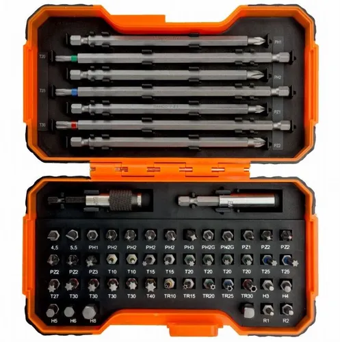 Bahco 54 tlg. Bitsatz mit Bithalter 1/4" - Bit-Satz mit 54 Teilen, inklusive Schlitz, Phillips, TORX® und mehr – ideal für vielseitige Anwendungen in Werkstatt und Zuhause.