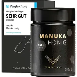 Manuka Honig 550 MGO - 250g Glas von maorika - Echter neuseeländischer Manuka Honig, 100% naturbelassen und ohne Plastikverpackung. Lichtundurchlässiges Glas sichert Qualität und Haltbarkeit.