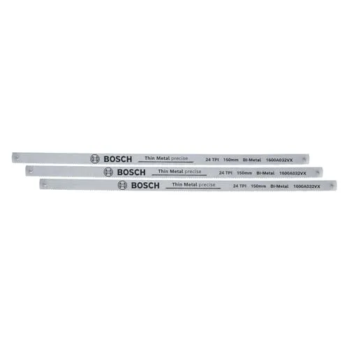 Bosch Bügelsägeblätter Precise 150mm, 3 Stück (für Bügelsägen 150mm; 24 TPI; robuste Sägeblätter aus Bimetall für präzise Schnitte in Metall, Kunststoff und Weichholz; Gehärtete Zähne)
