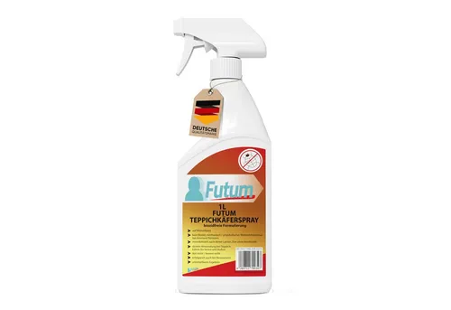 FUTUM Insektenspray für Teppichkäfer, 1 l, geruchsarm und auf Wasserbasis - FUTUM Insektenspray zur effektiven Bekämpfung von Teppichkäfern und anderen Insekten. Die biozidfreie Formel ermöglicht eine gezielte Anwendung im Innen- und Außenbereich, ideal für Wohn- und Gewerbegebäude.