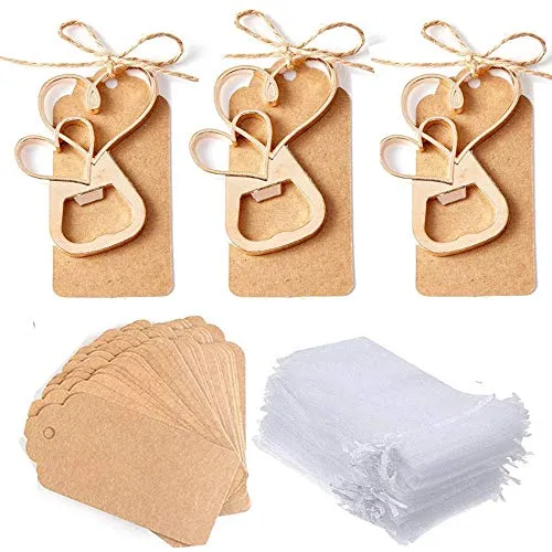Awtlife 30 Stück Doppelherz-Flaschenöffner, Hochzeitsgeschenke, mit Etikett, durchsichtige Tasche für Hochzeit, Party, Gastgeschenke, Weihnachten