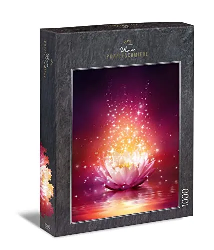 Ulmer Puzzleschmiede - Puzzle „Lotus-Magie“ - Kunstvoll-modernes 1000 Teile Puzzle - Fantastische Lotusblüte als leuchtende Zauberblume auf dem Wasser - Puzzle-Qualität Made in Germany