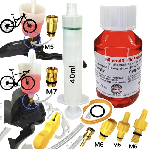 Shimano Scheibenbremsen Service Kit - Entlüftungs Set mit 100ml Öl - Fahrradwerkzeuge für Shimano Bremsen, inklusive 100ml Mineralöl und umfangreichem Zubehör für eine einfache Wartung und optimale Bremsleistung.