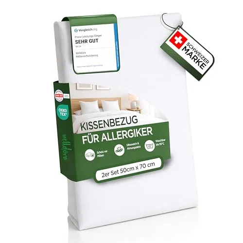 Welldora Kissen Milbenbezug Set - Gesunder Schlaf – Hypoallergener Milbenbezug mit sehr guter Dermatest-Bewertung, atmungsaktiv und waschbar bis 95 Grad für jahrelange Hygiene und optimalen Schutz.
