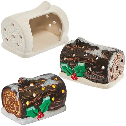 Baker Ross FN616 Yule Log Ceramic Tealight Holders - 2er-Pack, weihnachtliche Deko-Halter, perfekt, um Wärme und Charme zu Weihnachten und Winterfeiern zu bringen