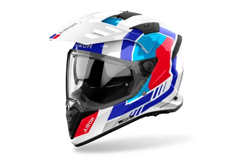 Airoh Bandit Horn Endurohelm - Weiß/Blau/Rot - L - Vielseitiger 2-in-1 Endurohelm mit HRT-Thermoplastschale. Ideal für jedes Abenteuer, bietet er Sicherheit und Stil. Mit herausnehmbarem Innenfutter und optimaler Belüftung.