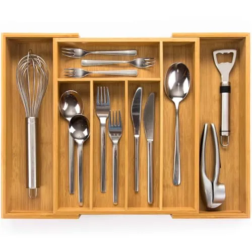 budu Besteckkasten #33,5 (Tiefe 33,5cm) aus Bambus - Schubladen Ordnungssystem für die Küche - Besteckkasten für Schubladen aus Bambus - Ausziehbar - Kitchen drawer organizer - Kitchen organizer