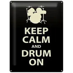 Femer GmbH Metallschild Spruch 30x40cm Keep calm and drum on, (1 St), gewölbte Oberfläche, abgerundete Ecken, umgeschlagene Kanten