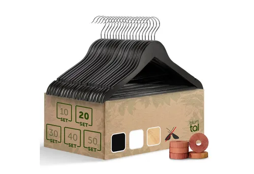 Blumtal Rutschfeste Holz Kleiderbügel mit Rockkerbe (20-tlg) - Kleiderbügel aus Holz, 360° drehbar mit rutschfestem Hosensteg und Antirutsch Einkerbung für perfekten Halt. Ideal für einen ordentlichen Kleiderschrank und schicke Garderobe.