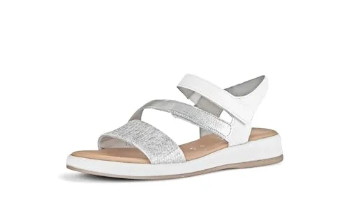 Gabor Damen Sandaletten in Silber/Weiß (51), 40.5 EU - Elegante Riemchensandalen mit flachem Absatz und praktischem Klettverschluss. Ideal für den Sommer, bieten sie hohen Tragekomfort dank des Materialmixes aus Lack und Leder.