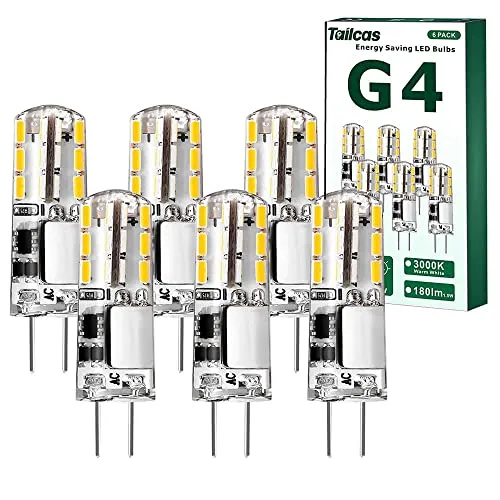 Tailcas G4 LED Lampen, Birnen 1.5W Warmweiß Led G4 Stiftsockel, AC/DC 12V mit 180LM Warmweiss 3000K, Leuchtmittel G4 Glühbirne Ersatz für 20W Halogen Lampen, Nicht Dimmbar Kein Flackern, 6 Stück