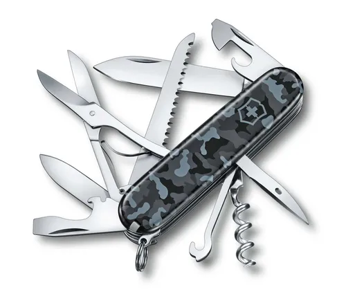 Victorinox Schweizer Taschenmesser Huntsman, Multitool, Swiss Army Knife mit 15 Funktionen, Klinge, Korkenzieher, Dosenöffner, Faltschachtel, Navy Camouflage