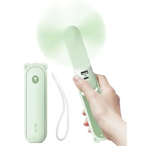 JISULIFE Mini Handventilator 3-in-1, tragbar und vielseitig - Der JISULIFE Mini Handventilator kombiniert Ventilator, Taschenlampe und Powerbank in einem kompakten Design. Ideal für Reisen und heiße Sommertage, bietet er bis zu 19 Stunden Kühlzeit und passt in jede Tasche.