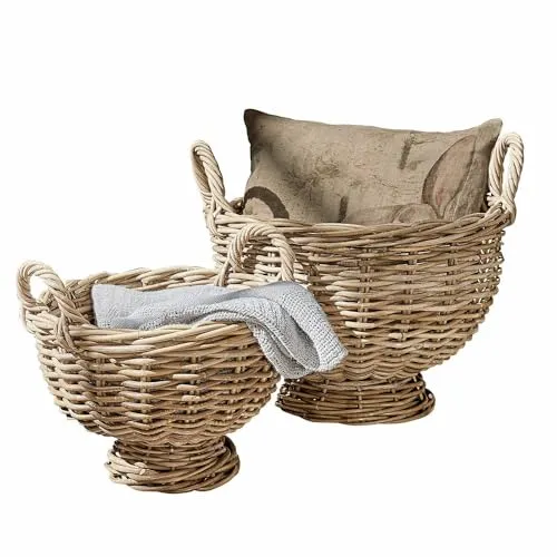 Loberon Korb 2er Set Bunyan, Zwei Größen, von Hand geflochten, naturnaher Deko-Akzent, Ordnung, Aufbewahrung, Obstkorb, Rattan, braun