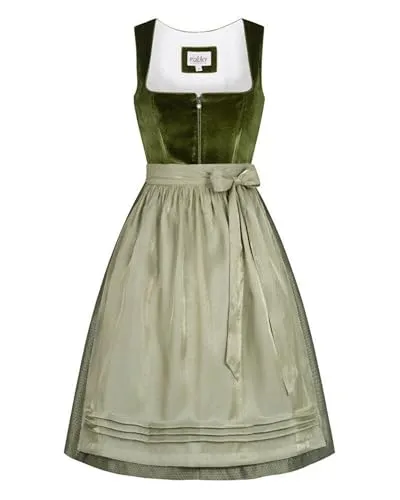 Nübler Dirndl Midi Damen - Kamila Grün, 2-teilig inkl. Kleid und Schürze - Dirndl für Damen - Hochwertiges, modisches Midi Dirndl mit eleganten Details, ideal für das Oktoberfest oder festliche Anlässe.