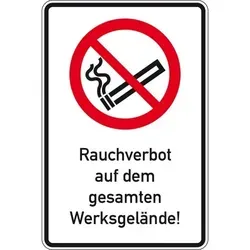 Schild I Verbots-Kombischild Rauchverbot auf dem Werksgelände, Aluminium RA0, 600x900mm, DIN EN ISO 7010, nach StVO P002