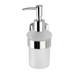 WENKO Seifenspender Mezzano - Eleganter Seifenspender aus satiniertem Glas mit hochwertiger Edelstahl-Halterung, ideal für stilvolle Badezimmer. Abnehmbar und nachfüllbar für einfache Handhabung.