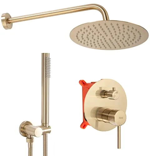 Rea Unterputz Duschsystem Lungo Gold Matt - Badewannen- & Duschsysteme – Elegantes Duschset mit 25 x 25 cm Regendusche aus gebürstetem Gold, ideal für luxuriöse Badezimmer.