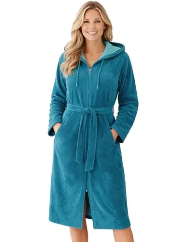 Morgenstern Damen Morgenmantel mit Reißverschluss und Kapuze in Petrol L - Hochwertiger Bademantel mit 2 geräumigen Taschen und flexibler Verschlussoption. Atmungsaktiv und hautfreundlich, ideal für Zuhause oder Wellness. Perfekt als Geschenk für besondere Anlässe!