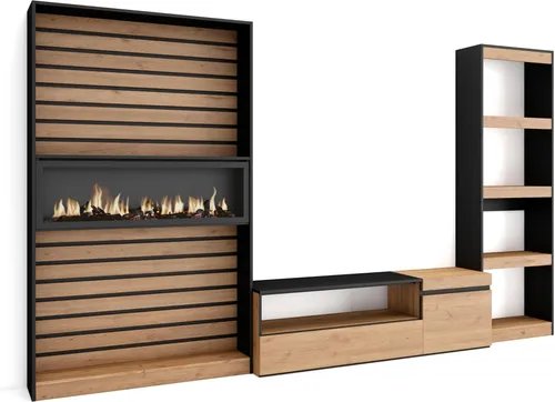 Wohnwand Wohnzimmer mit Elektrokamin XXL, Eiche & Schwarz - Moderne Wohnwand mit LED-Elektrokamin und realistischem 3D-Feuereffekt. Inklusive TV-Modul und großem Stauraum, perfekt für stilvolle Wohnräume.