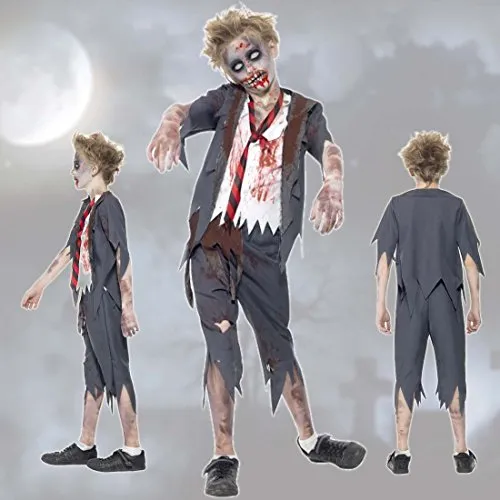 NET TOYS Zombie Kinderkostüm Zombiekostüm Schüler L 152/164 9 12 Jahre Gruseloutfit Schuljunge Halloweenkostüm Untoter Horrorkostüm Schulkind Outfit Kinderfasching