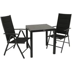 DEGAMO Gartengarnitur Biostroset PARIS 3-teilig, anthrazit - Wetterfest und elegant - 3-teilige Gartengarnitur PARIS mit 2 Klappsesseln und einem Tisch aus pulverbeschichtetem Aluminium. Ideal für Balkone, wetterfest und mit ausgezeichnetem Sitzkomfort dank gepolstertem Textilgewebe. Modernes Design!