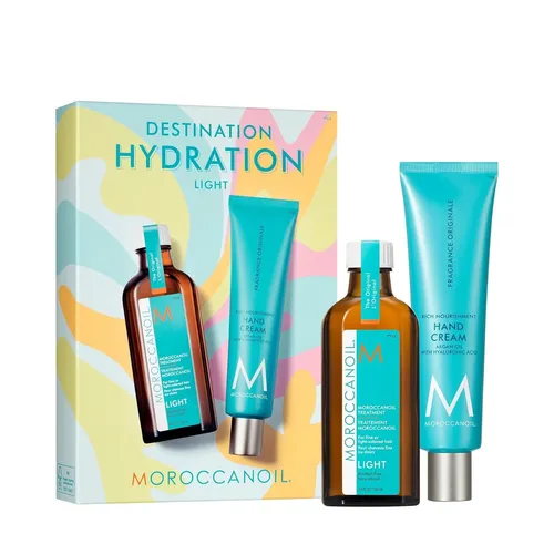 Moroccanoil Destination Hydration Light Geschenkset - Haar- und Handpflege Set mit 100 ml Treatment Light und 100 ml Hand Cream, sorgt für intensive Feuchtigkeit und revitalisiert Haut und Haar.