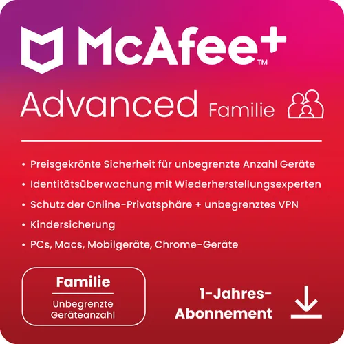 McAfee+ ADVANCED Family Security 2+4 Nutzer - Umfassender Schutz für unbegrenzt viele Geräte, ideal für Familien, unterstützt Windows, Mac und Android, 1 Jahr Download.