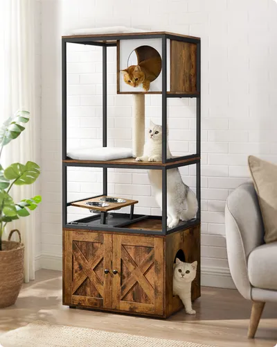 FEANDREA Kratzbaum 3-in-1 mit Katzenklo-Schrank - Kratzbaum in Vintagebraun-Schwarz mit integriertem Katzenklo und erhöhtem Napfständer – ideal für Platzsparende Lösungen und glückliche Katzen.