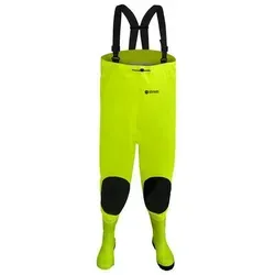 Dönges Wathose Hi-Vis mit S5 Sicherheitsstiefel - Größe 47 - Herren Industrie & Handwerk Stiefel, leuchtgelbe Farbe für mehr Sicherheit, 100% wasserdicht und robust, ideal für Kanalarbeiter und Angler.