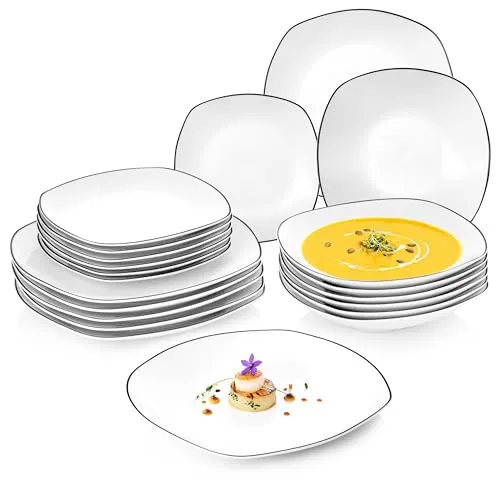 SÄNGER Teller Set Bilgola Black Rim 18 tlg - Exklusives Porzellan Geschirrset für 6 Personen - Tafelservice mit einzigartigem Design: Das 18-teilige Set aus hochwertigem Porzellan ist spülmaschinenfest und stapelbar, ideal für stilvolle Tischdekorationen.