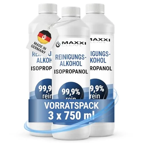 Maxxi Clean | 3x 750 ml reines Isopropanol (99,9%) Reinigungsalkohol | Fettlöser & Lösungsmittel | rückstandsfrei anwendbar zur Reinigung von elekt. Bauteilen, Schallplatten, Druckköpfen und mehr