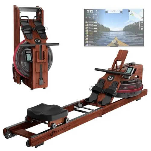 JASPORT Rudergerät R3 aus Eiche – Klappbare Rudermaschine mit 28L Wassertank - Rudergeräte mit Trainingscomputer (Kinomap-kompatibel) und Tablethalterung, ergonomisches Design für hohen Trainingskomfort, ideal für effektives Ganzkörpertraining.