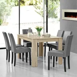 [en.casa] Essgruppe Forssa 7-tlg 140x90 cm Eiche hell / hellgrau - Stilvolle Essgruppe mit hochwertigem Tisch in gekälkter Eiche und 6 pflegeleichten Kunstlederstühlen. Optimal für bis zu 6 Personen, ideal für ein modernes Landhaus-Ambiente.