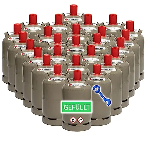 Bluecraft 27 x Campinggas Flaschen 11 kg grau, regenerierte Umlaufflaschen, gefüllt - 11kg Eigentum Gasflasche inkl. einem Gasregler-Schlüssel + Magnet für Gas-Grill, Gas-Kocher, Wohnwagen, Heizung
