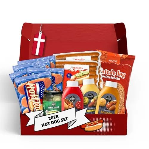 20x Hot-Dog Box – Original Dänische Hot-Dogs für Feiern - Genießen Sie 20 saftige Hot Dogs mit unserem praktischen Set. Ideal für Grillabende und Feste – alles in einem Paket: Brötchen, Würstchen und Soßen für den perfekten Genuss.