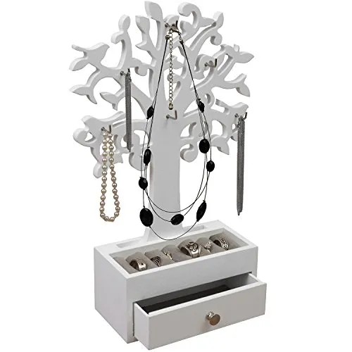 Schmuckbaum H31cm mit Schmuckkasten und Ablagen - Eleganter Schmuckständer in Weiß mit 6 Metallhaken und praktischem Schubfach. Ideal zur stilvollen Aufbewahrung von Ketten, Armbändern und Ohrringen. Passt perfekt zu jedem Einrichtungsstil.