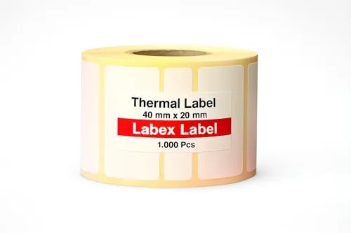 Labex Label 40x20 mm Thermoetiketten auf Rolle – 1 Rolle (1000 Versandetiketten) – Barcodeetiketten, Lageretiketten, Paketaufkleber – Kompatibel mit Zebra, Argox, Sato – Thermodirekt