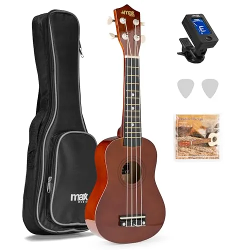 MAX UKEY Ukulele Komplett Set 21" – Ideal für Anfänger - Beginnen Sie mit dem Ukulele Spielen! Das Komplettset enthält Plektren, ein digitales Stimmgerät und eine Tasche. Die 4 Nylonsaiten sind sanft zu den Fingern und ideal für Einsteiger. Mobil und perfekt für unterwegs!