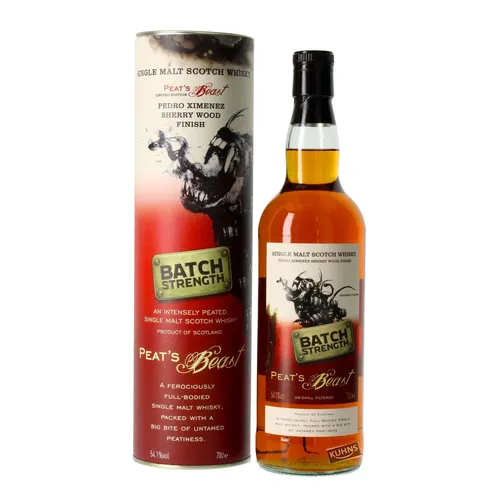 Peat's Beast Pedro Ximenez Sherry Cask Finish - Batch Strength - Limitierte Sonderedition - Whisky, rauchig und kräftig mit 54,1 % Fassstärke, in Pedro Ximenez Sherry Fässern gereift, ohne Farbstoff und nicht kühlgefiltert.