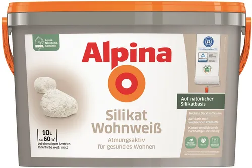 Alpina Silikat Wohnweiß Wandfarbe 10 l - Hochwertige mattweiße Wandfarbe für vielseitige Untergründe, ideal für ein frisches Raumklima in Wohnräumen und Feuchträumen.