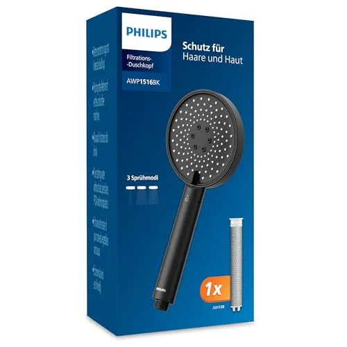 Philips ASH1516BK/10 Filterduschkopf schwarz - Kopfbrausen mit integriertem Wasserfilter für weicheres Wasser, 3 Funktionen für ein individuelles Duscherlebnis.