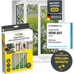 EASYmaxx Pollenschutzgitter für Fenster, zuschneidbar bis 150 x 130 cm - Effektiver Pollenschutz für Allergiker: Einfache Montage ohne Bohren dank Magnetbefestigung. Flexibel zuschneidbar für Fenster bis 150 x 130 cm – für frische Luft ohne lästige Pollen!