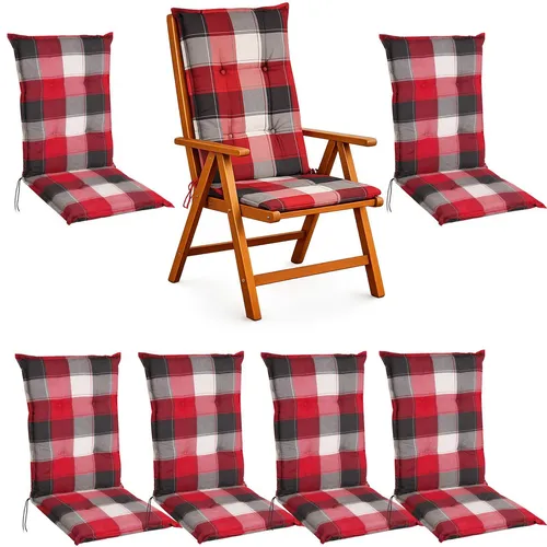 BURI 6x Hochlehner Auflage 120x50x5,5 cm - wetterfeste Gartenstuhlauflage mit Schaumkern & Vollvlies, Halteband & Bindebänder, bequemes Stuhlpolster für Balkon, Terrasse & Garten (Rot/Grau Kariert)