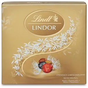 Lindt LINDOR Präsent Box Mischung, Schokoladengeschenk, ca. 15 LINDOR Kugeln, 4 Sorten (Vollmilch, Weiß, Dark 60% und Haselnuss), 187 g
