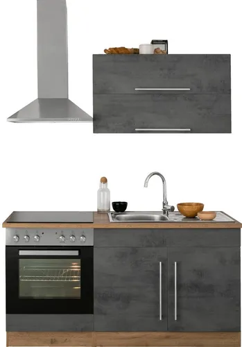 Küchenzeile KOCHSTATION "KS-Samos", grau - Moderne Küchenzeile in grau mit Beton-Optik und Wotan-Eiche, ideal für kleine bis mittelgroße Küchen. Flexibel und funktional – perfekt zum Kochen und Leben!