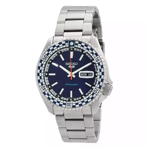 Seiko 5 Sports Automatik Checker Flag - Special Edition 2024 SRPK65K1 - Herrenuhren mit blaufarbigem Zifferblatt und silbernem Edelstahlarmband, ideal für Sport- und Alltagseinsätze.