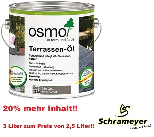 Osmo Terrassen-Öl 3,0 Ltr grau für Holz - Ideal für Gartenmöbel und Holzdecks. Das Spezial-Öl sorgt für eine glatte, wasser- und schmutzabweisende Oberfläche. Ein Anstrich reicht für ca. 24 m² – einfach und effektiv!